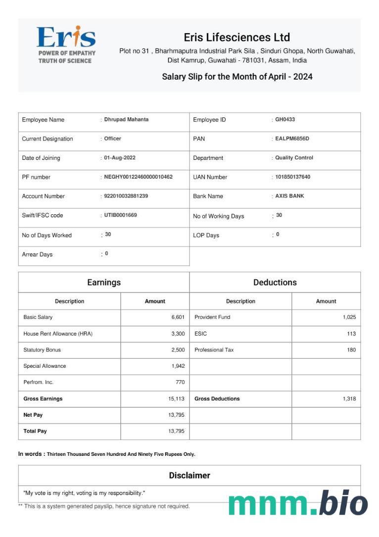 Eris Lifesciences Pension slip template w formatach Word i PDF